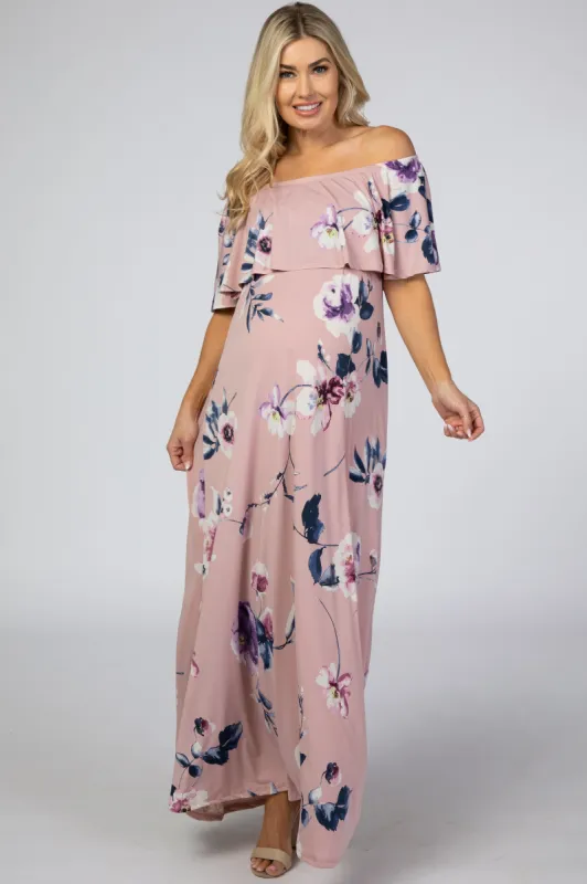 Mauve Floral Flounce Off Shoulder Maternity Maxi Dress sold by Pinkblush