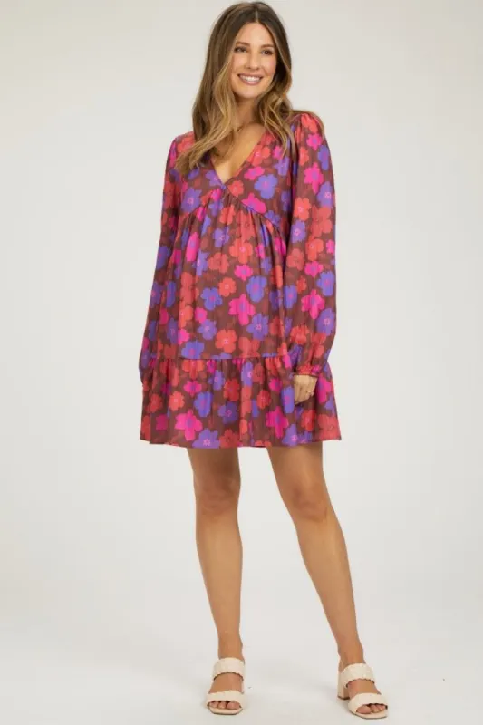 Brown Floral V-Neck Long Sleeve Maternity Dress sold by Pinkblush
