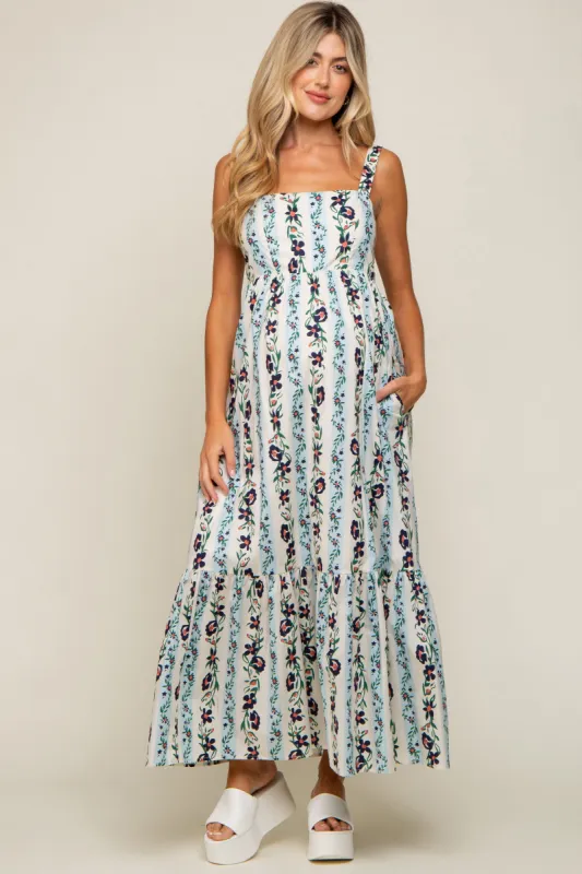 Blue Floral Striped Square Neck Maternity Maxi Dress sold by Pinkblush