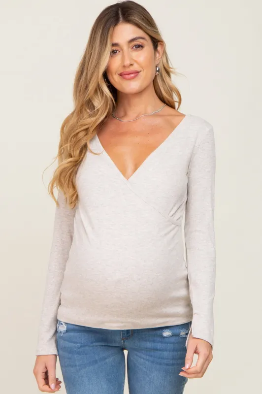 Beige Ribbed Long Sleeve Wrap Maternity Nursing Top sold by Pinkblush