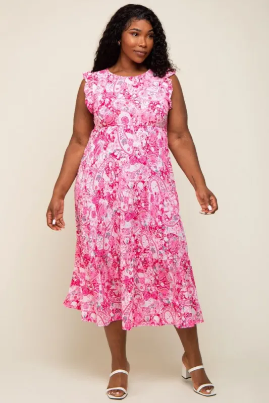 Fuchsia Floral Paisley Tiered Plus Midi Dress sold by Pinkblush