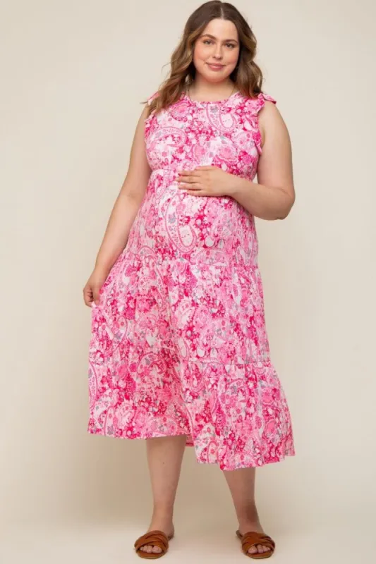 Fuchsia Floral Paisley Tiered Plus Maternity Midi Dress sold by Pinkblush