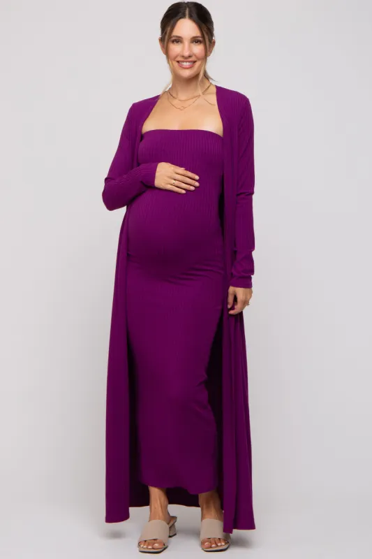Magenta Ribbed Sleeveless Dress Cardigan Maternity Set sold by Pinkblush