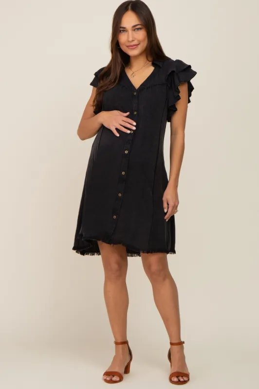Black Chambray Ruffle Sleeve Button Up Maternity Dress sold by Pinkblush