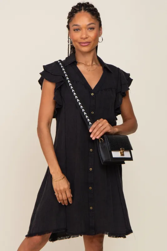 Black Chambray Ruffle Sleeve Button Up Dress sold by Pinkblush