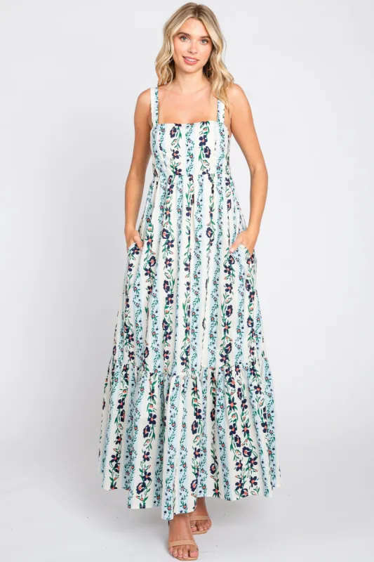 Blue Floral Striped Square Neck Maxi Dress sold by Pinkblush