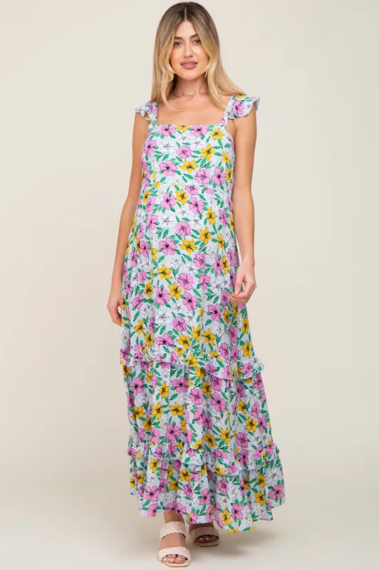 Light Blue Floral Ruffle Tier Maternity Maxi Dress sold by Pinkblush