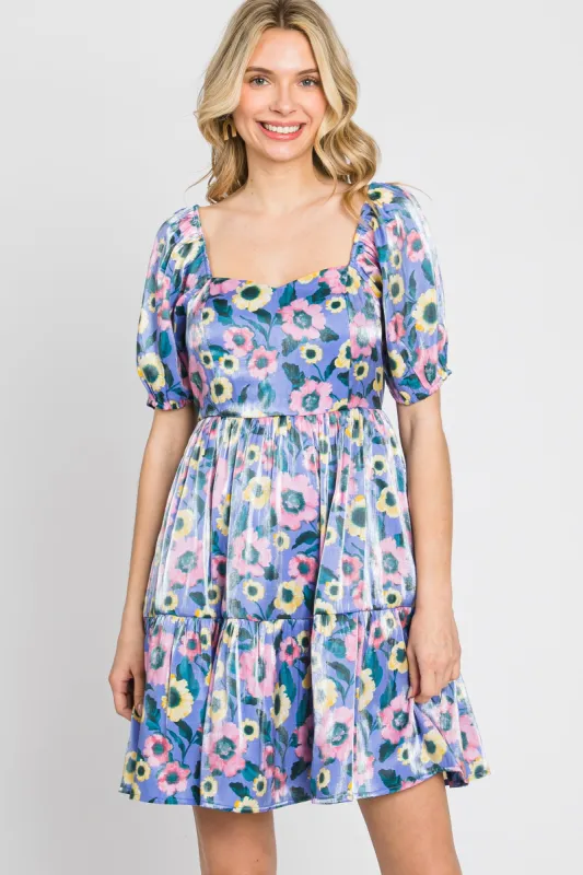 Lavender Floral Shimmer Sweetheart Neck Short Puff Sleeve Dress sold by Pinkblush