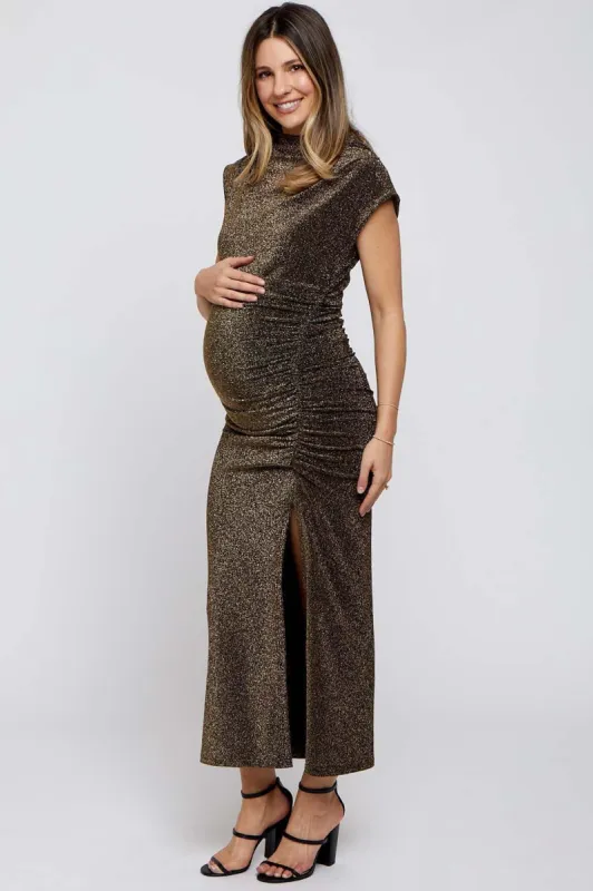 Gold Glitter Mock Neck Maternity Midi Dress sold by Pinkblush