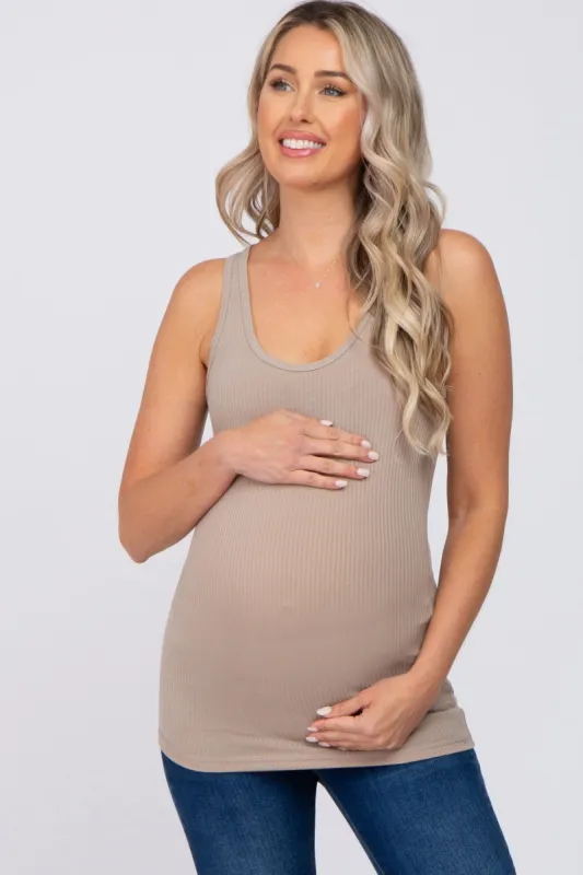 Mocha Ribbed Racerback Maternity Tank Top sold by Pinkblush