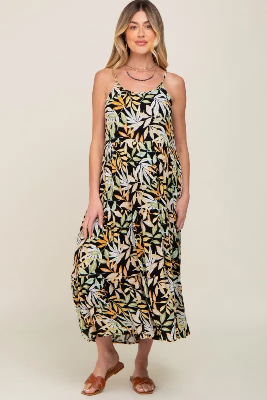 Black Leaf Print Tiered Maternity Midi Dress sold by Pinkblush