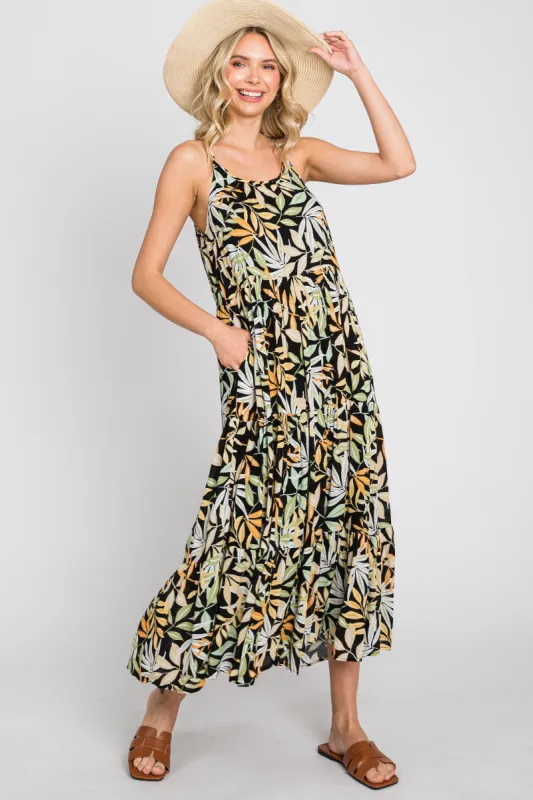 Black Leaf Print Tiered Midi Dress sold by Pinkblush