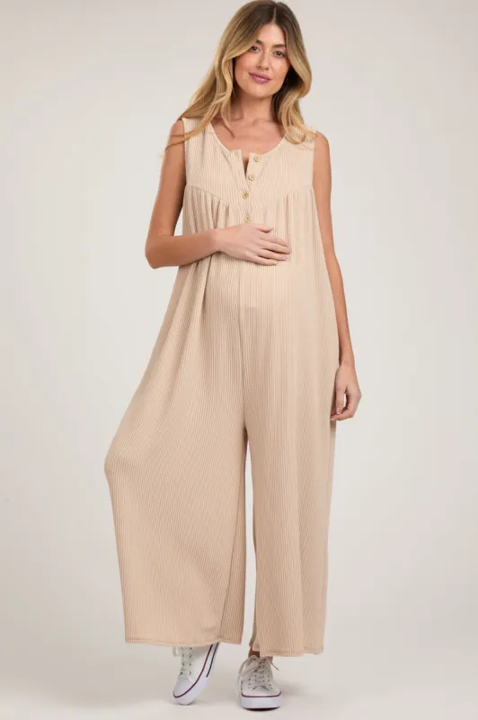 Beige Ribbed Sleeveless Button Front Maternity Jumpsuit sold by Pinkblush