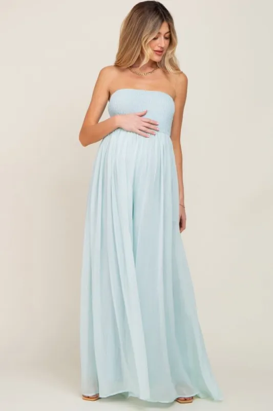 Mint Green Smocked Strapless Wide Leg Maternity Jumpsuit sold by Pinkblush