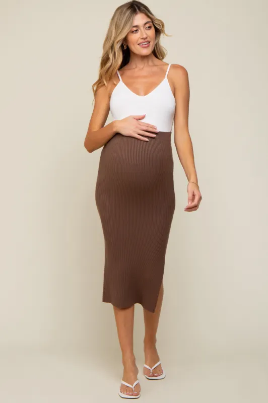 Brown Ribbed Fitted Side Slit Maternity Midi Skirt sold by Pinkblush