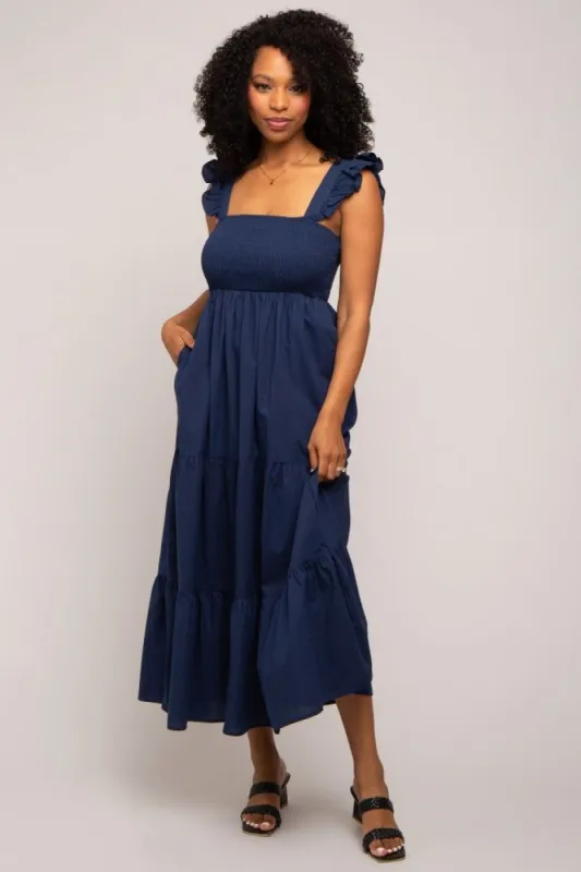 Navy Blue Sleeveless Tiered Maxi Dress sold by Pinkblush