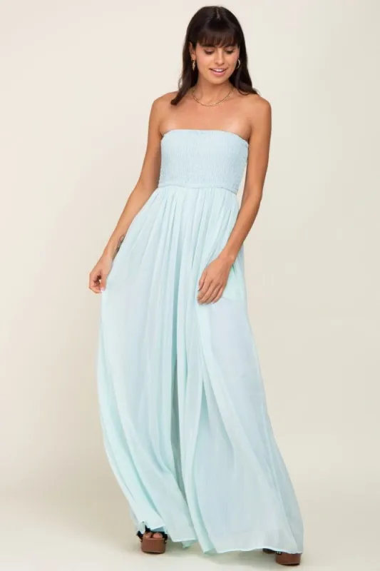 Mint Green Smocked Strapless Wide Leg Jumpsuit sold by Pinkblush