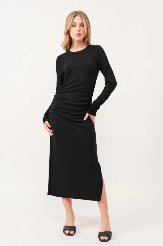 Black Ruched Long Sleeve Midi Dress sold by Pinkblush