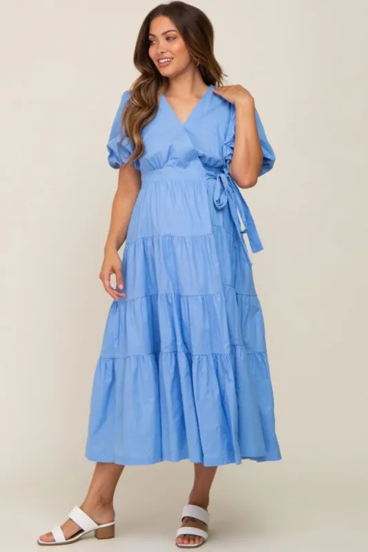 Blue Linen Wrap V-Neck Short Sleeve Tiered Maternity Midi Dress sold by Pinkblush