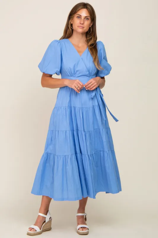 Blue Linen Wrap V-Neck Short Sleeve Tiered Midi Dress sold by Pinkblush