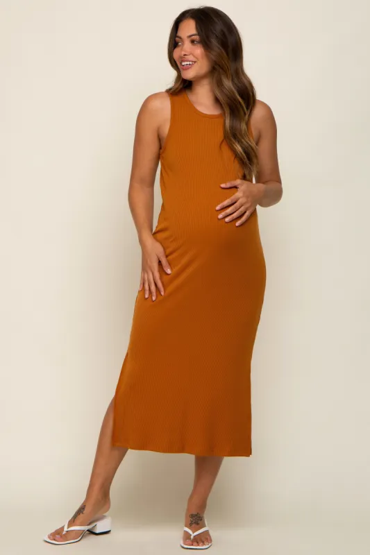 Camel Basic Ribbed Side Slit Maternity Midi Dress sold by Pinkblush