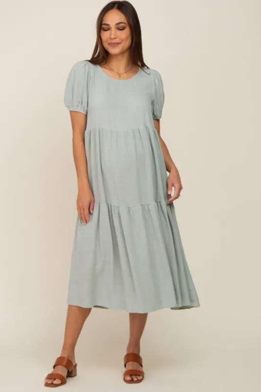 Light Olive Linen Short Sleeve Tiered Back Tie Maternity Midi Dress sold by Pinkblush