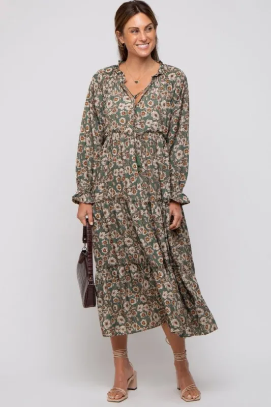 Olive Floral Ruffle Neck Tiered Midi Dress sold by Pinkblush