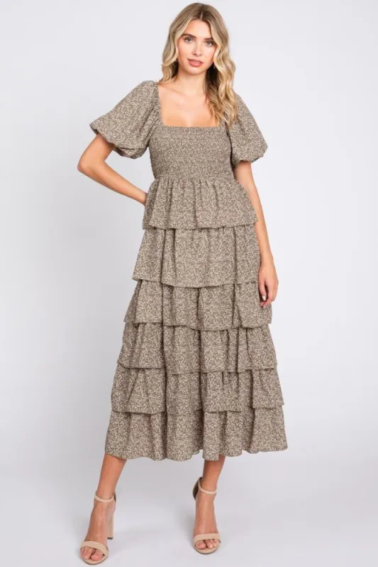 Olive Floral Flounce Tiered Midi Dress sold by Pinkblush