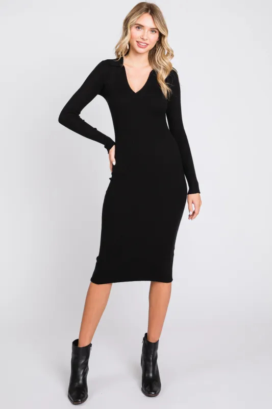 Black Ribbed Knit Fitted Dress sold by Pinkblush