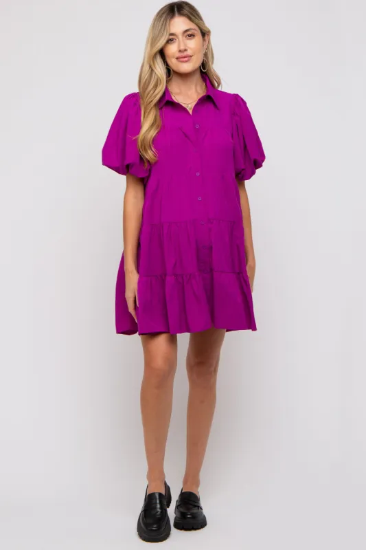 Magenta Puff Sleeve Maternity Mini Shirt Dress sold by Pinkblush