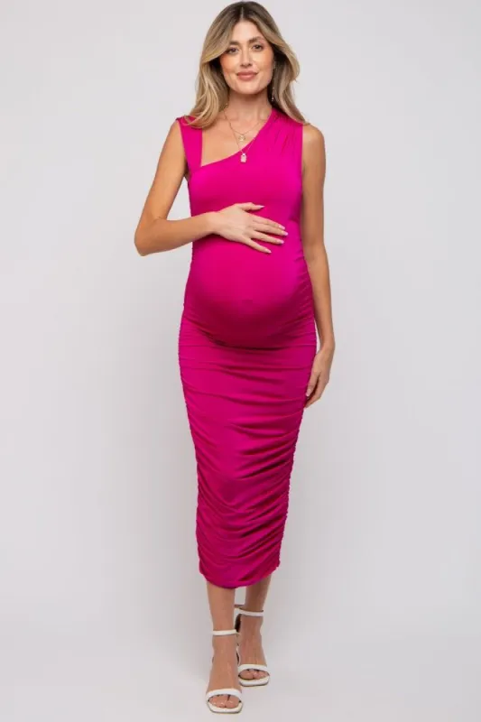 Magenta Asymmetrical Ruched Maternity Midi Dress sold by Pinkblush