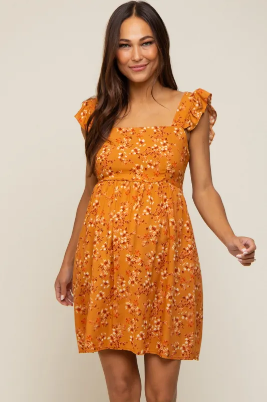 Camel Leaf Print Ruffle Accent Maternity Dress sold by Pinkblush