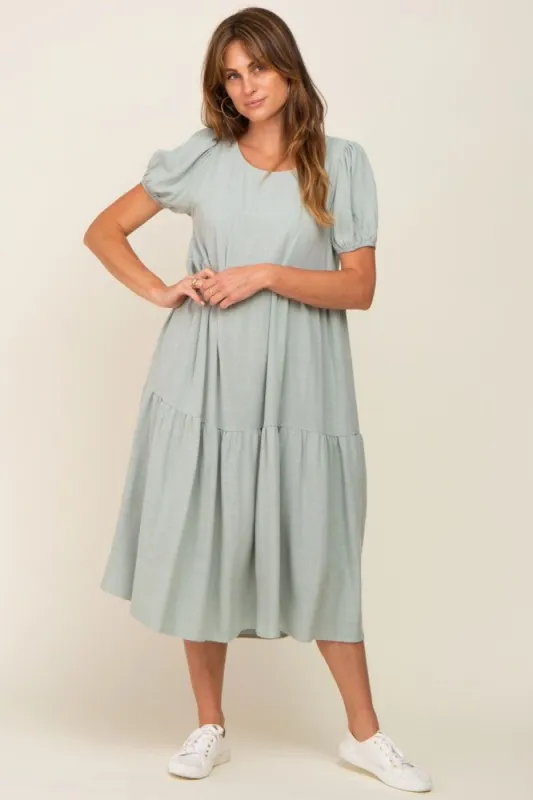 Light Olive Linen Short Sleeve Tiered Back Tie Midi Dress sold by Pinkblush
