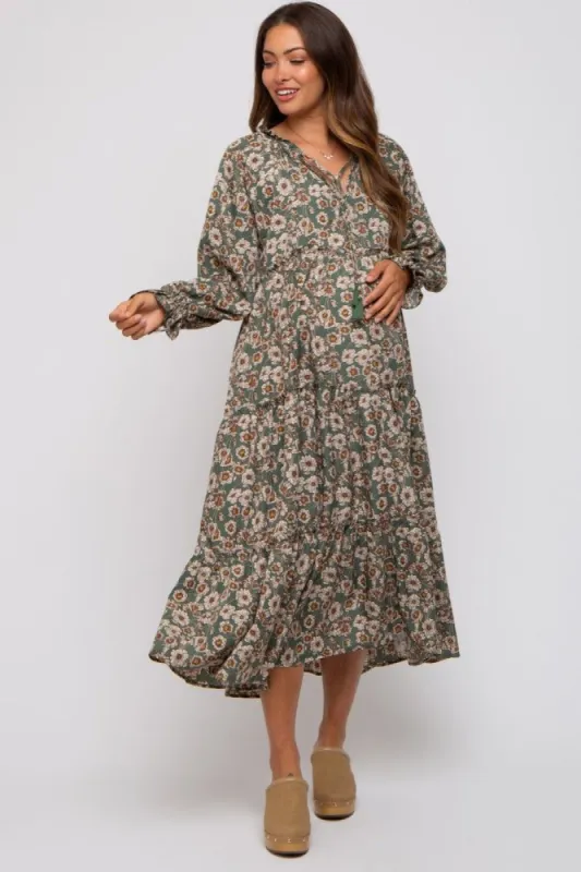 Olive Floral Ruffle Neck Tiered Maternity Midi Dress sold by Pinkblush