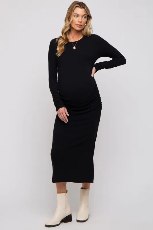 Black Ruched Long Sleeve Maternity Midi Dress sold by Pinkblush