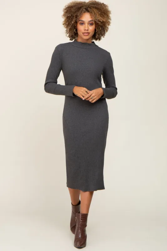 Charcoal Ribbed Long Sleeve Mock Neck Midi Dress sold by Pinkblush