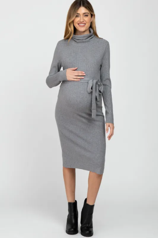 Heather Grey Ribbed Turtleneck Maternity Sweater Dress sold by Pinkblush