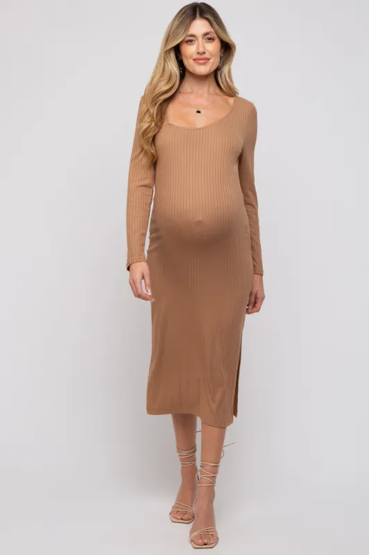 Camel Ribbed Side Slit Maternity Midi Dress sold by Pinkblush