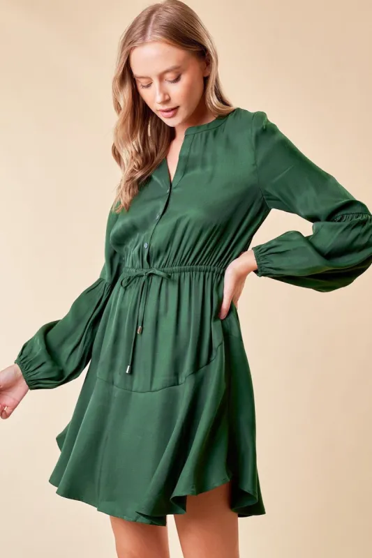 .Green Long Sleeve Henley Ruffle Mini Dress sold by Pinkblush