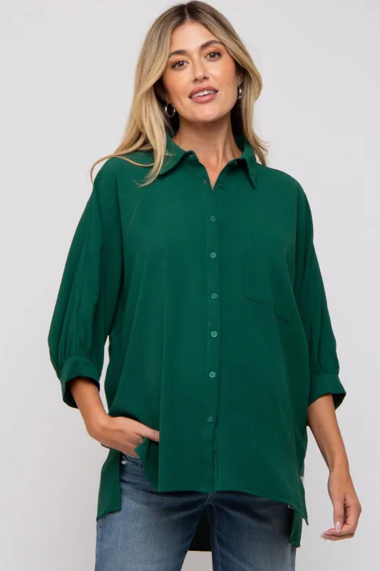 Forest Green Button Down 3/4 Sleeve Maternity Top sold by Pinkblush