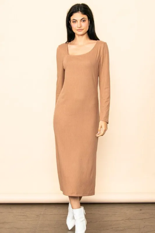 Camel Ribbed Side Slit Midi Dress sold by Pinkblush