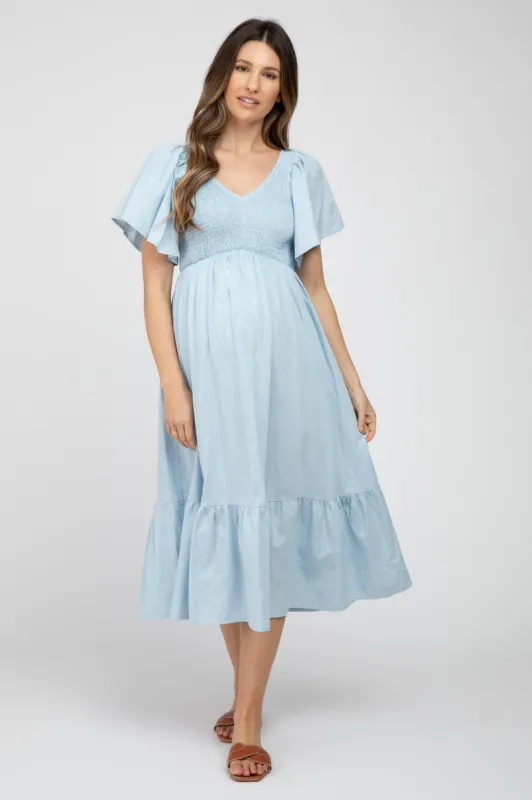 Light Blue Smocked Ruffle Hem Maternity Midi Dress sold by Pinkblush