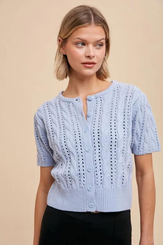 Powder Blue Cable Knit Puff Sleeve Cardigan sold by Pinkblush