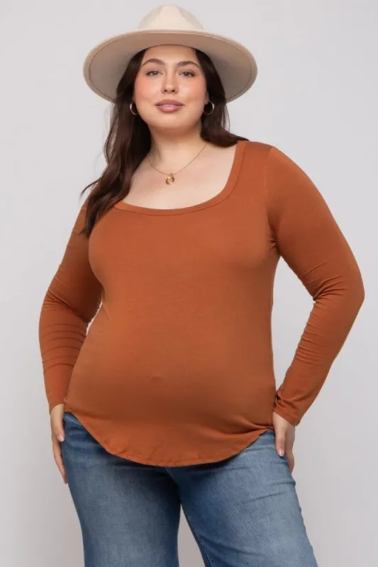 Camel Basic Long Sleeve Plus Maternity Top sold by Pinkblush