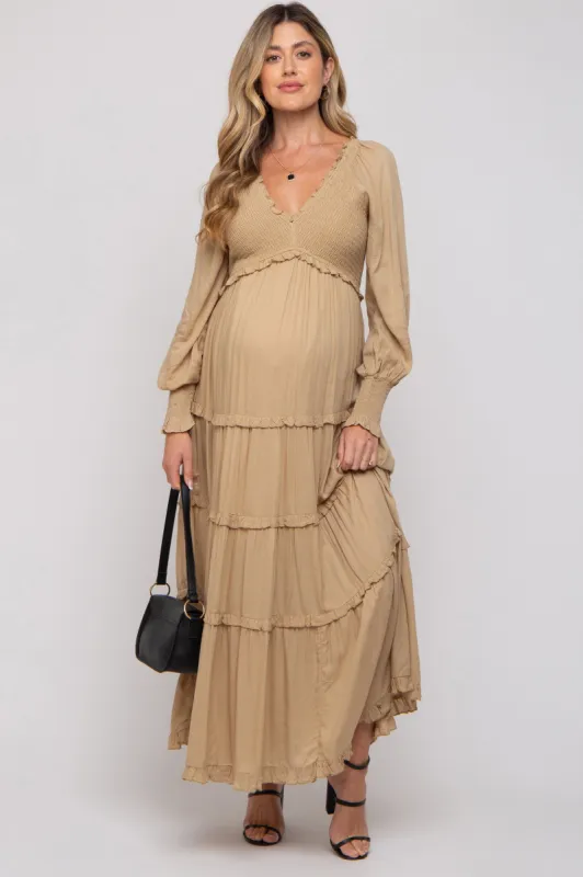 Taupe Smocked Ruffle Tiered Maternity Maxi Dress sold by Pinkblush