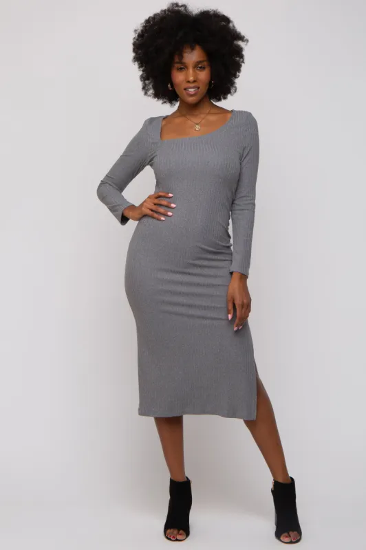 Charcoal Ribbed Side Slit Midi Dress sold by Pinkblush