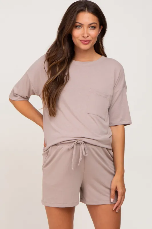 Taupe Pocket Front Maternity Pajama Short Set sold by Pinkblush