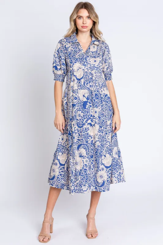 Blue Floral Collared Tiered Midi Dress sold by Pinkblush