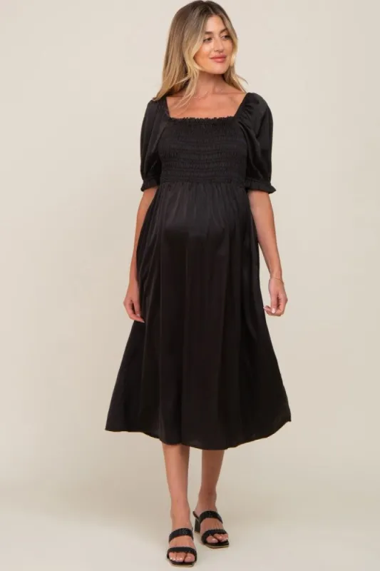 Black Satin Puff Sleeve Maternity Midi Dress sold by Pinkblush
