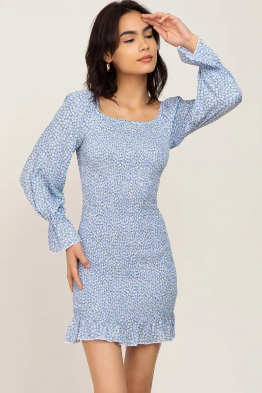 Light Blue Ditsy Floral Smocked Long Sleeve Mini Dress sold by Pinkblush